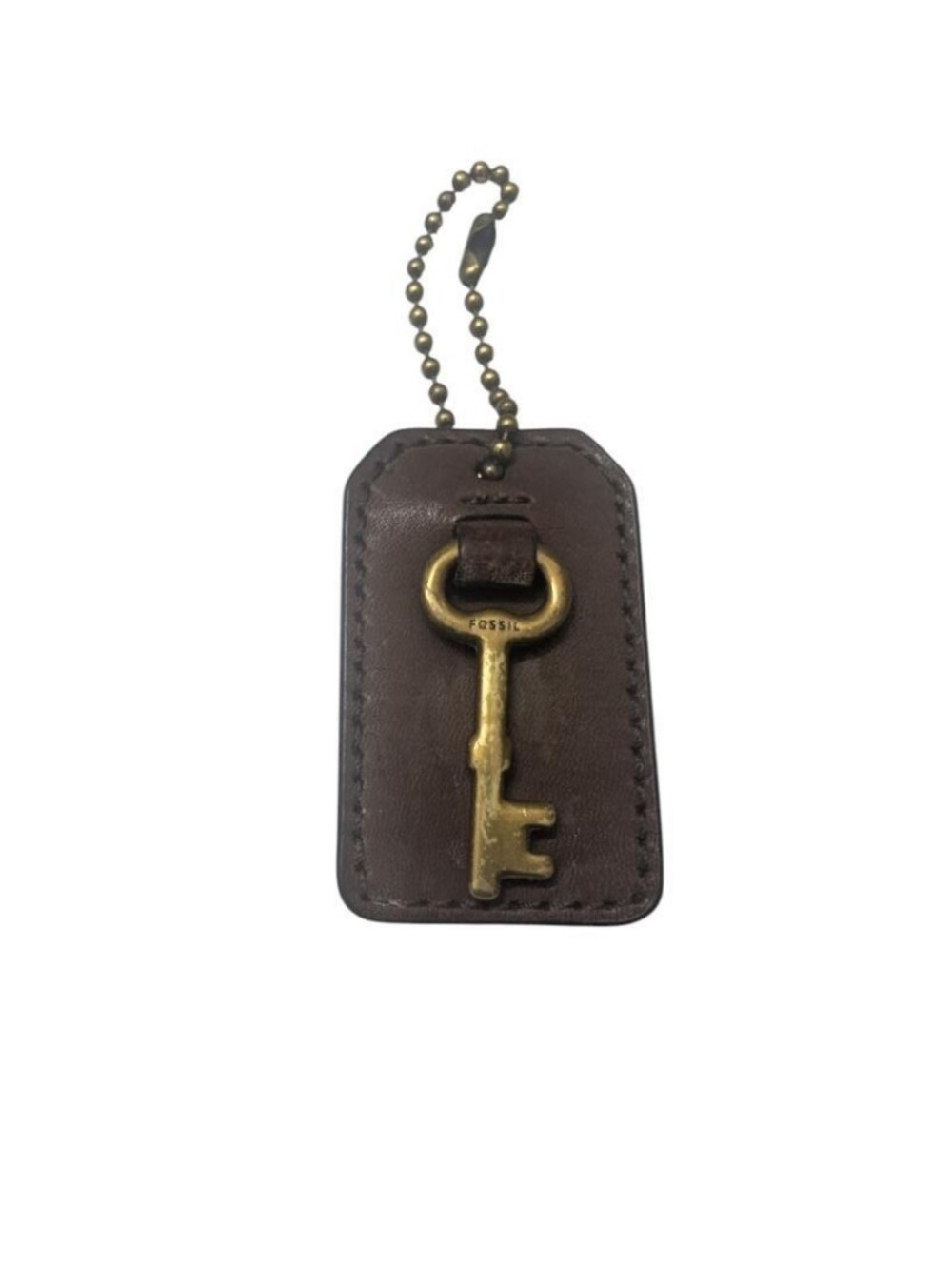 Fossil Brown Leather Tag with Gold Key Accent